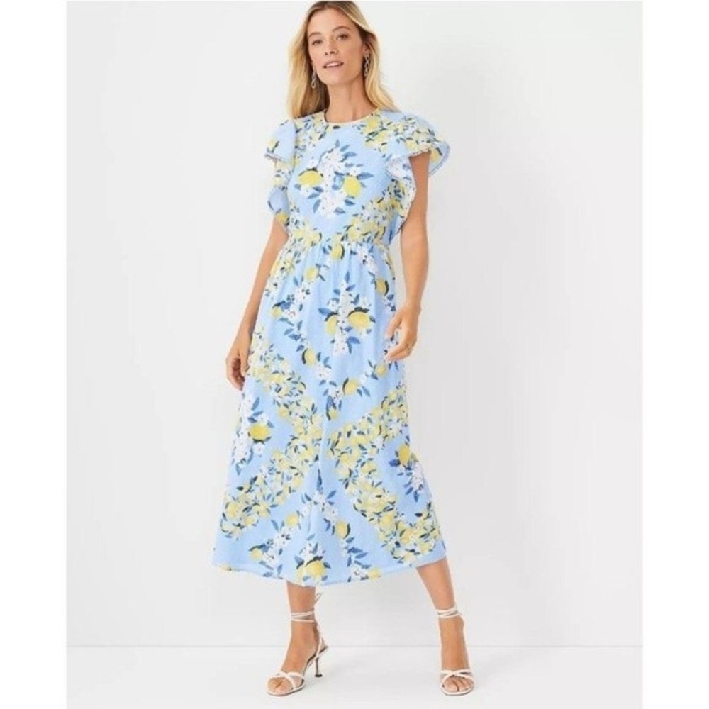 NWT Ann Taylor Blue Lemon Print Swiss Dot Midi Dress Size XSP